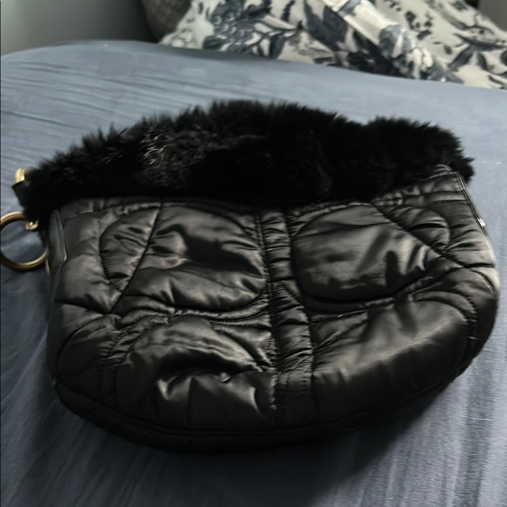 Coach Black Quilted handbag with Faux Fur Trim
